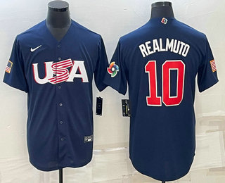 Mens USA Baseball #10 JT Realmuto 2023 Navy World Baseball Classic Stitched Jersey